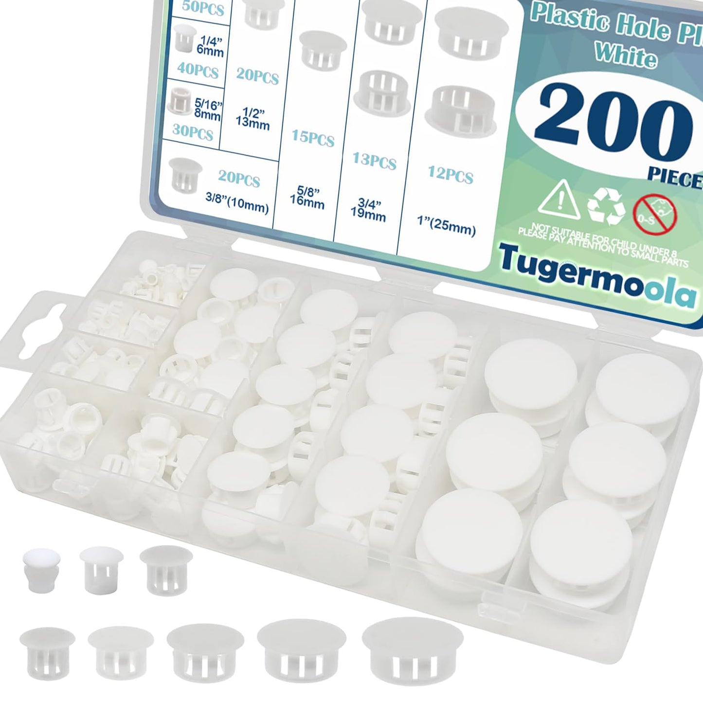 Tugermoola 200PCS 8 Sizes Plastic White Hole Plugs for Round Holes - 1/5" 1/4" 5/16" 3/8" 1/2" 5/8" 3/4" 1"