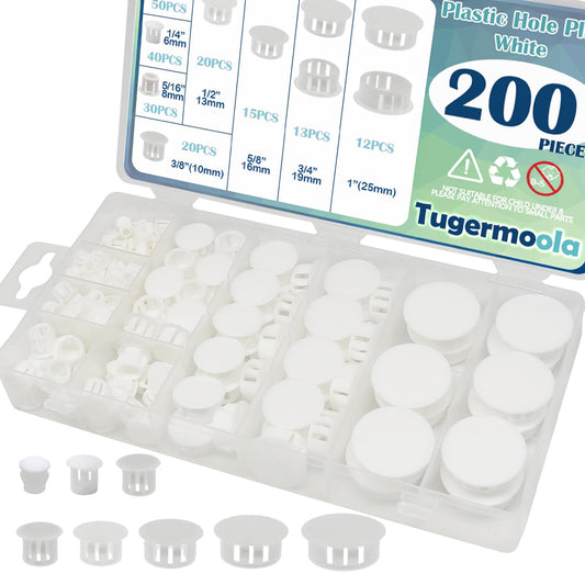 Tugermoola 200PCS 8 Sizes Plastic White Hole Plugs for Round Holes - 1/5" 1/4" 5/16" 3/8" 1/2" 5/8" 3/4" 1"