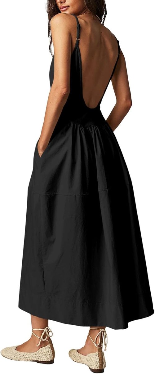 Fisoew Women's Spaghetti Strap A-Line Dress - V Neck Backless Summer Cami with Pocket