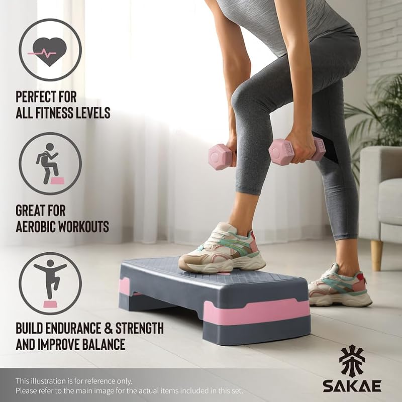 Aerobic Stepper Set with Dumbbells & Measuring Tape - Pink Grey