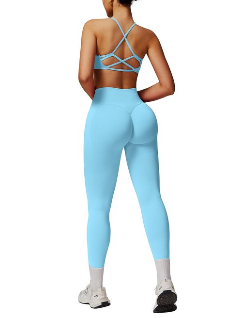 ABOCIW Two Piece Workout Sets for Women Seamless Backless Strappy Sports Bra Butt Lifting High Waist Gym Leggings Yoga Athletic Set Ice Blue Small