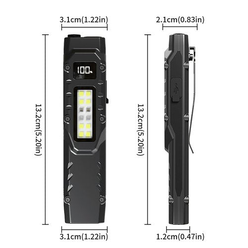 Ciwuzxs EDC Tactical Flashlight DT007, Compact 7 Mode Pocket LED Flashlight - 1500LM, USB-C Rechargeable Digital Display, IPX5 with Side Light and Clip for Everyday Carry Travel (1, Black)