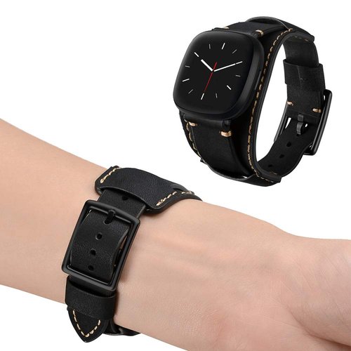 Sjiangqiao Compatible with Fitbit Sense/Versa 3 Bands Genuine Leather Cuff Band Replacement Strap with Stainless Steel Clasp Compatible for Fitbit Versa 3 Sense Accessories Men Women (Black)