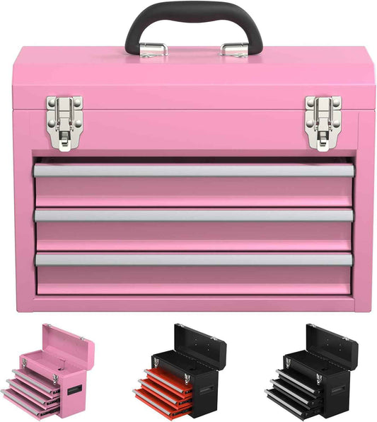 Portable Pink 3-Drawer Steel Tool Box with Locking System for Tool Storage