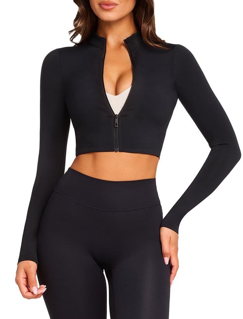 TZLDN Women's Cropped Workout Jacket Full Zip Up Long Sleeve Turtleneck Lightweight Gym Running Yoga Athletic Crop Tops Black - Small
