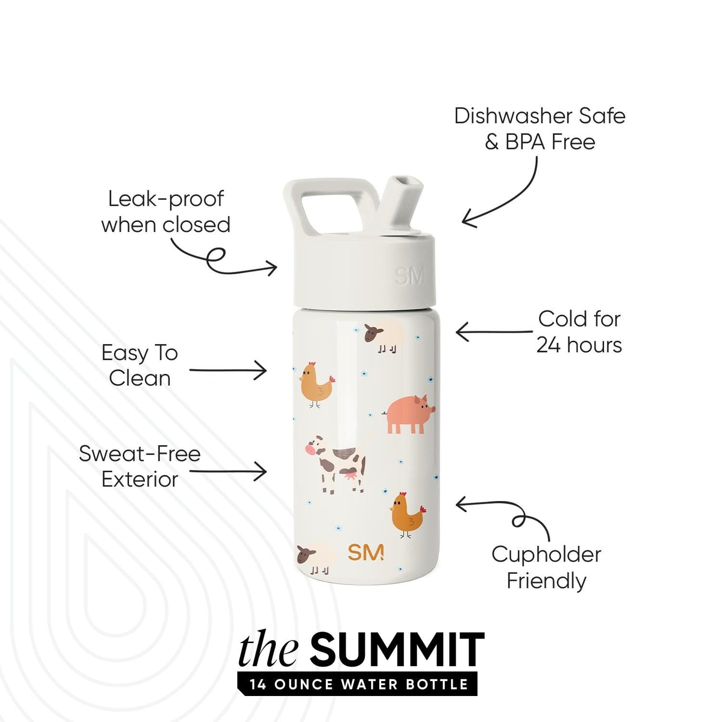 Simple Modern Kids Water Bottle with Straw Lid | 14oz Insulated Stainless Steel Kids Tumbler & Spill Proof Toddler Cup for School, Girls, Boys | Summit | Farm Animals