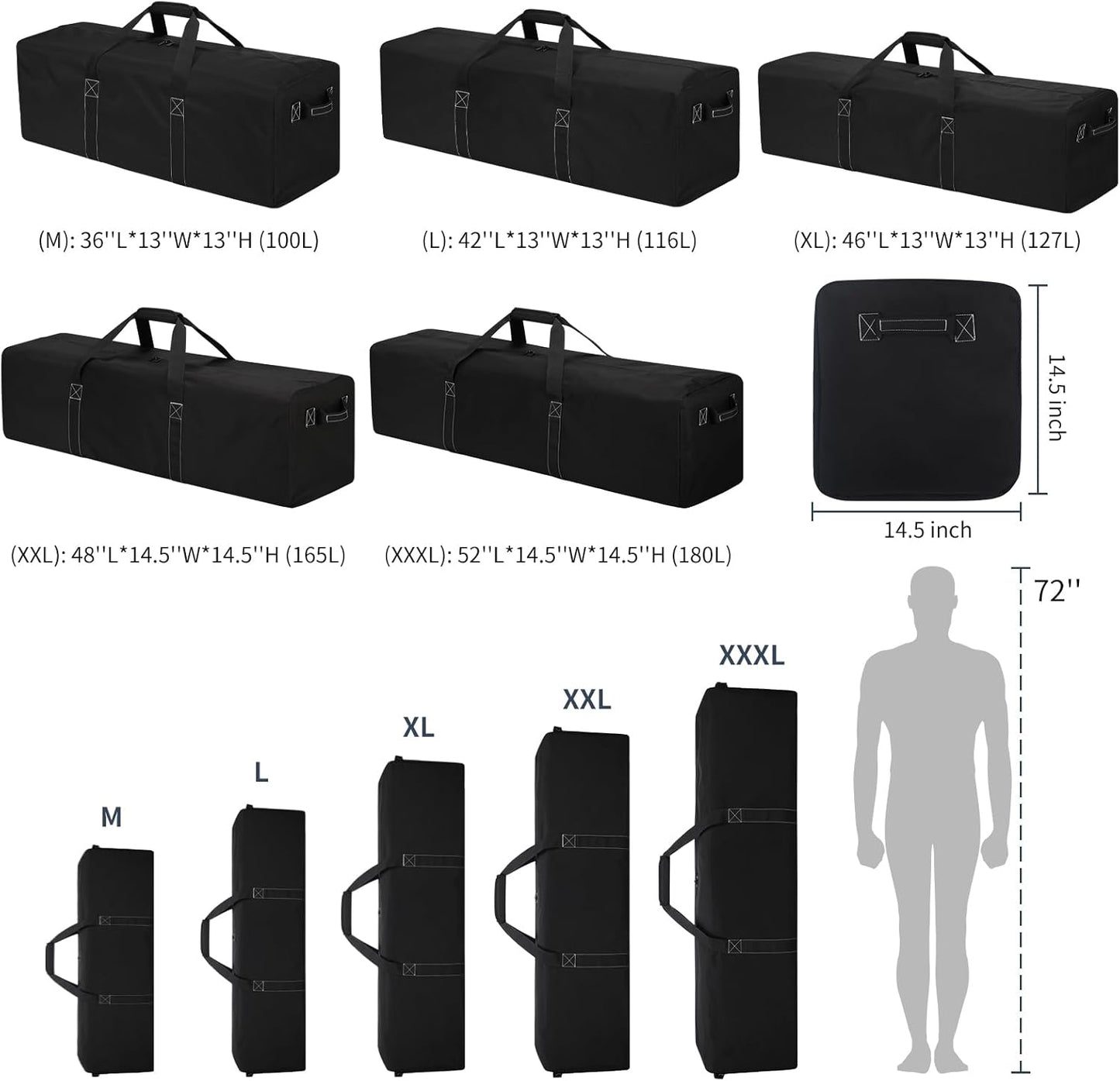 Skiennix 48-Inch Duffle Bag - Extra Large 165L Heavy Duty Travel & Camping Storage Bag | Black