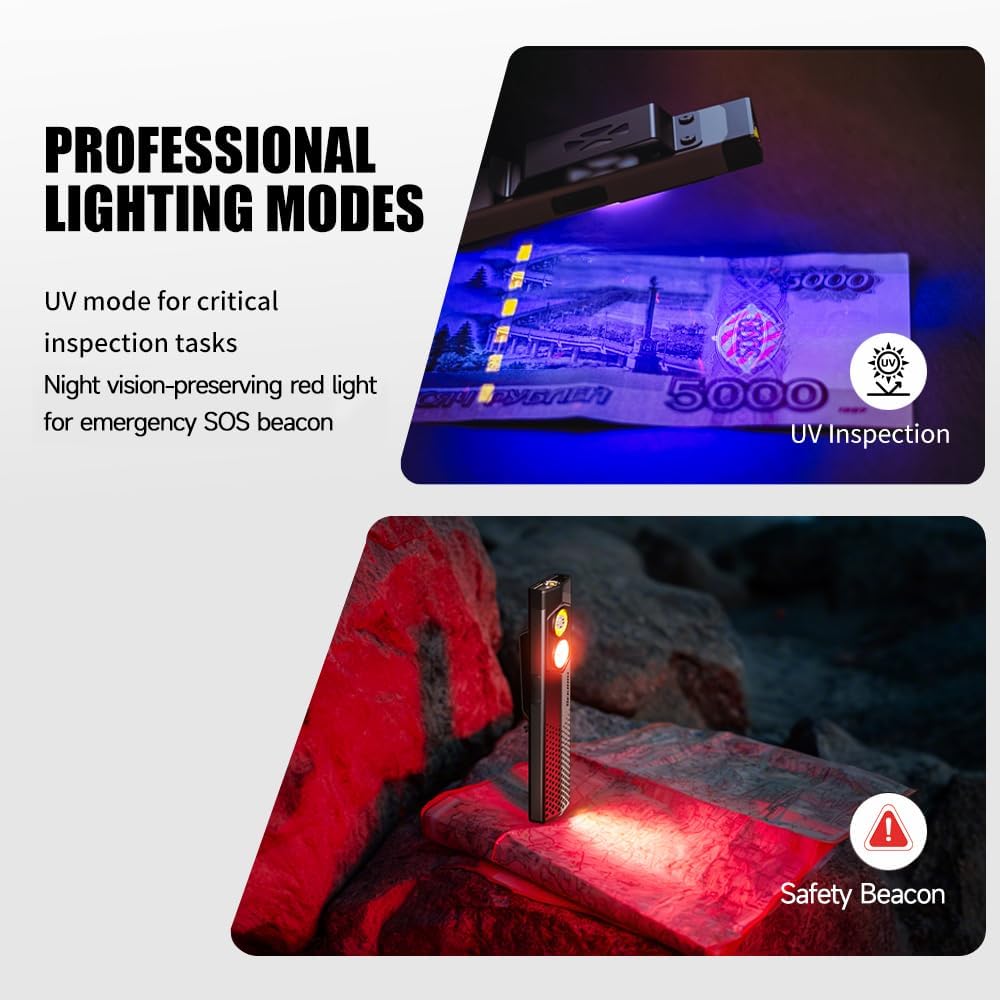 Sekrro K18pro EDC Flashlight - 650LM USB-C Rechargeable Pocket Light with UV & Red Modes