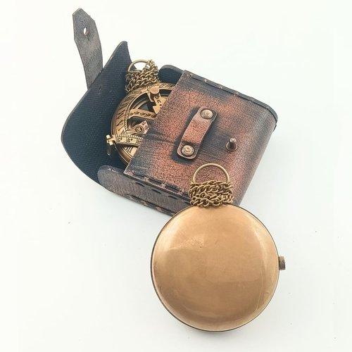 Handcrafted Vintage Brass Sundial Compass – Antique Nautical Sun Clock with Leather Case – Engraved Collectible Gift for Him – Ideal for Thanksgiving, Christmas, Holiday,