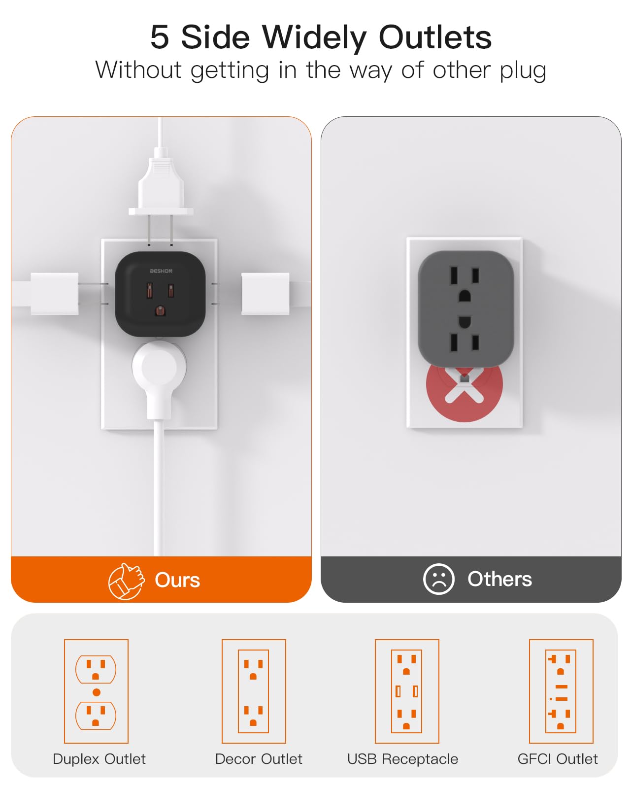 Black Multi Plug Outlet Extender 2 Pack, Wall Outlet Splitter with 5 Wall Outlets, Small Multiple Plug Extender, Cruise Essentials, Plug Adapter No Surge Protector for Cruise Ship Home Office Dorm