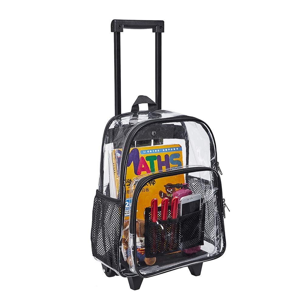 Clearworld Rolling Clear Backpack, Heavy Duty Cold-Resistant Security Transparent PVC Backpack with Wheels (Black)