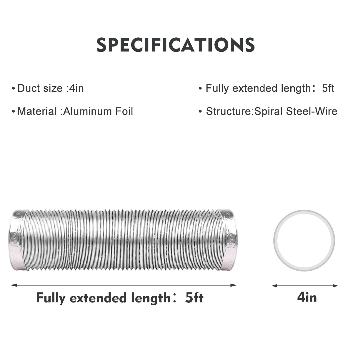 4-Inch Dryer Vent Hose 5FT, Flexible Aluminum Duct with 2 Clamps, Heavy-Duty Four Layer Protection for HVAC Ventilation and Exhaust