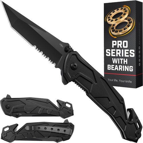 Legal Pocket Knife | Skiennix 5-in-1 Tactical Folding Knife - 2.8” Serrated Tanto Blade with Glass Breaker & Seatbelt Cutter