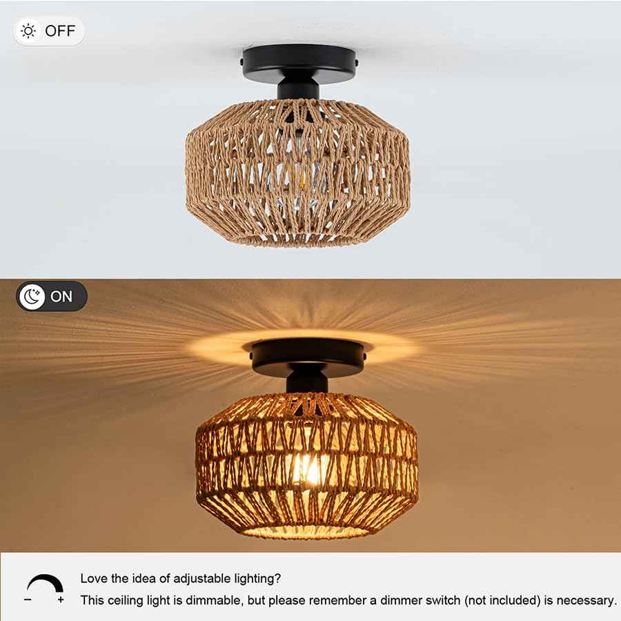 Mini Rattan Boho Ceiling Light Fixture, Small Woven Semi Flush Mount Ceiling Light, Wicker Light Fixture Hallway,Laundry Room, Closet,Nursery E26 1 Light