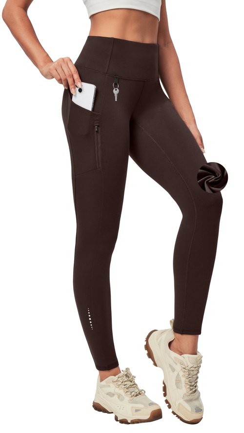 Heathyoga Fleece Lined Leggings Women with Pockets Water Resistant Thermal Leggings Winter Warm Yoga Pants Hiking Running Chocolate Brown