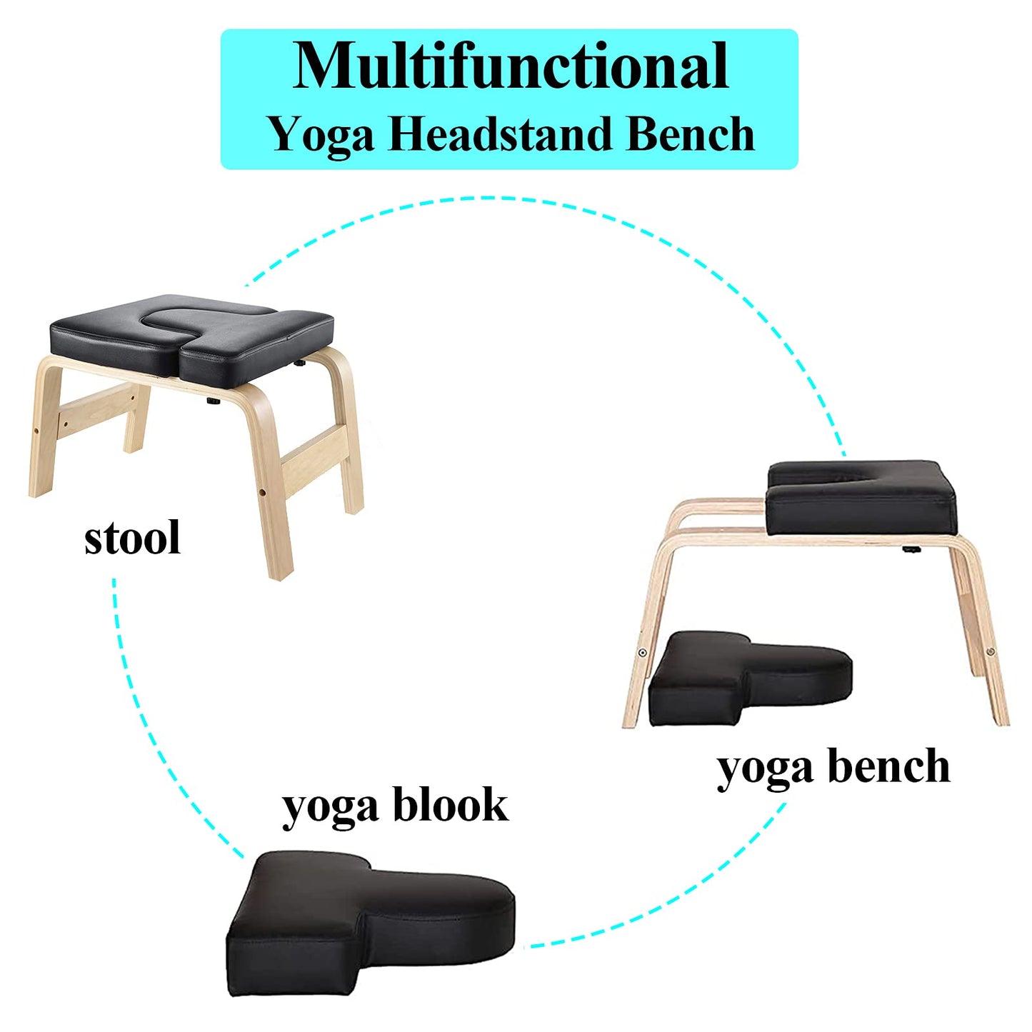 C-CHAIN Balanced Yoga Headstand Bench - Ideal for Workout, Fitness and Gym, for Both Beginner and Experience Yogis - Wood and PU Pads - Relieve Fatigue and Build Up Body (Black)