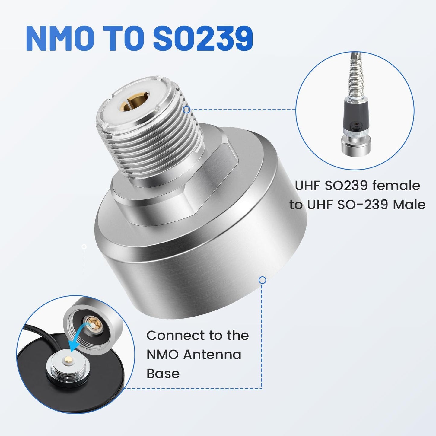 Anina NMO to SO239 Adapter Heavy Duty Connector PL259 Antenna Mount for Vehicle VHF UHF Ham Two Way Radio, Heavy Duty Chrome Plated Brass Mobile Antenna Adapter
