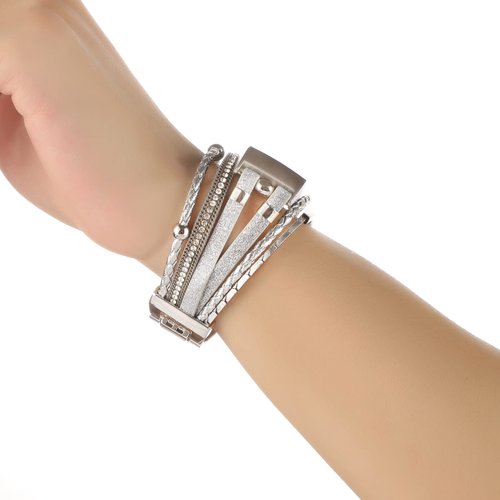 YONWORTH Posh Leather Band Compatible with Fitbit Charge 4 3 Bands, Women Boho Bracelets Wristbands Jewelry Multilayer Wrap Strap Replacement for 4/ 3/ 3SE Accessories (Glitter Silver)