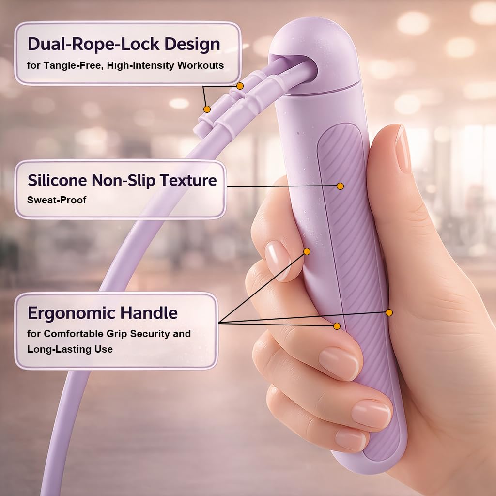 Jump Rope for Women, Cordless Jump Rope with Counter & Tangle-Free Design – Purple Skipping Rope for Fitness Women, Quiet Indoor Workout, HD Display, Non-Slip Silicone Grip, Adjustable Length for Home Exercise