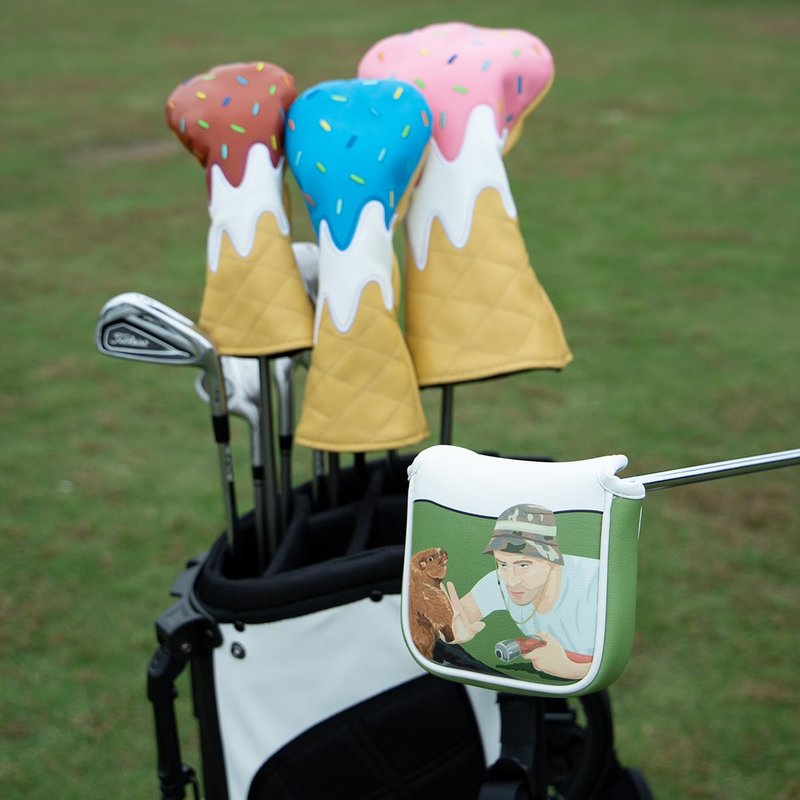 Golf Square Heel Shaft Mallet Putter Cover Headcover, Funny Design Magnetic Closure Elegant Embroidery Premium Leather Putter Headcovers (White Gopher)