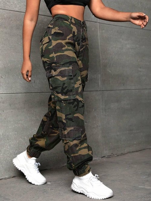 Camo Pants Women Baggy High Waisted Camouflage Cargo Joggers with Multiple Pockets Military Army Sweatpants XL