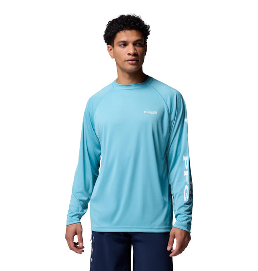 Columbia Men's PFG Terminal Tackle Long Sleeve Fishing Shirt, Vintage Blue/White Logo, Large Tall