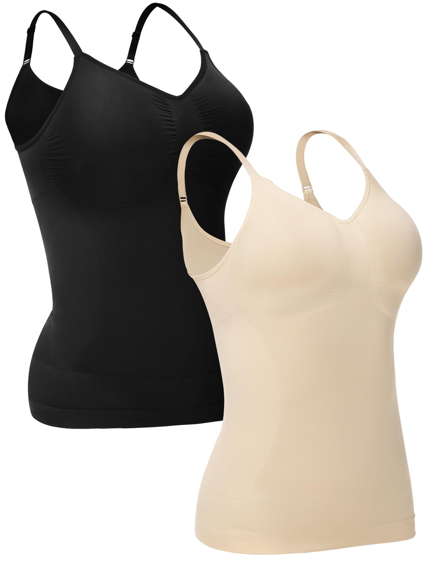 ATTLADY Compression Tank Tops for Women, 2-Pack, High Shaping Scoop & V-Neck Cami, Shapewear Tummy Control Camisole