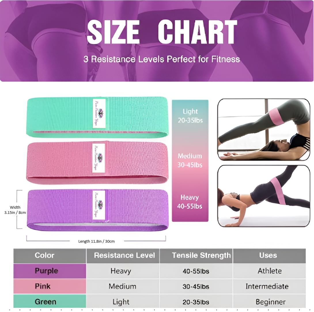 Pure Passion Yoga Fabric Resistance Band Set | 3 Tension Bands with Carrying Bag | Fabric Resistance Bands for Hips & Glutes Workouts
