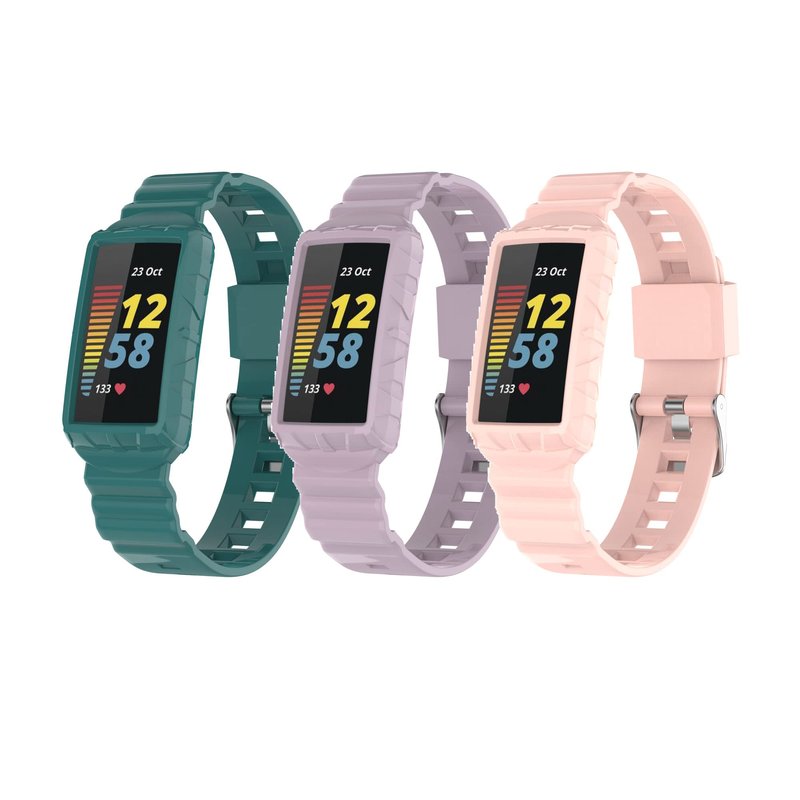 Chofit Case With Band Compatible with Fitbit Charge 5/4/3, Shockproof Rugged Band Strap for Fitbit Charge 5 with Bumper Case Cover - Men Women (Pink, Purple, Green)