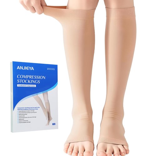 Sheer Compression Socks for Women and Men, 15-21 mmHg , Open Toe, Knee High Length Compression Stockings for Varicose Veins, DVT, Edema, Running, Nursing (L)