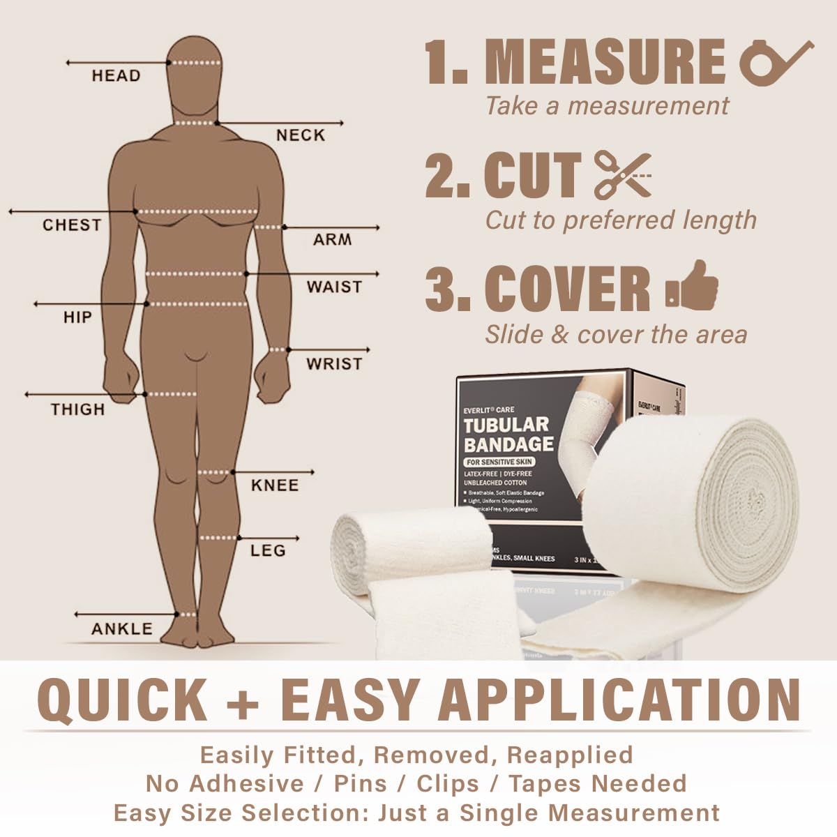 EVERLIT 560D Cotton Blend Elasticated Tubular Support Bandage | Latex-Free, Extra-Thick Breathable Stockinette for Arm, Knees, Legs | Moderate to High Compression for Sensitive Skin (D | 3" x 11 yd)