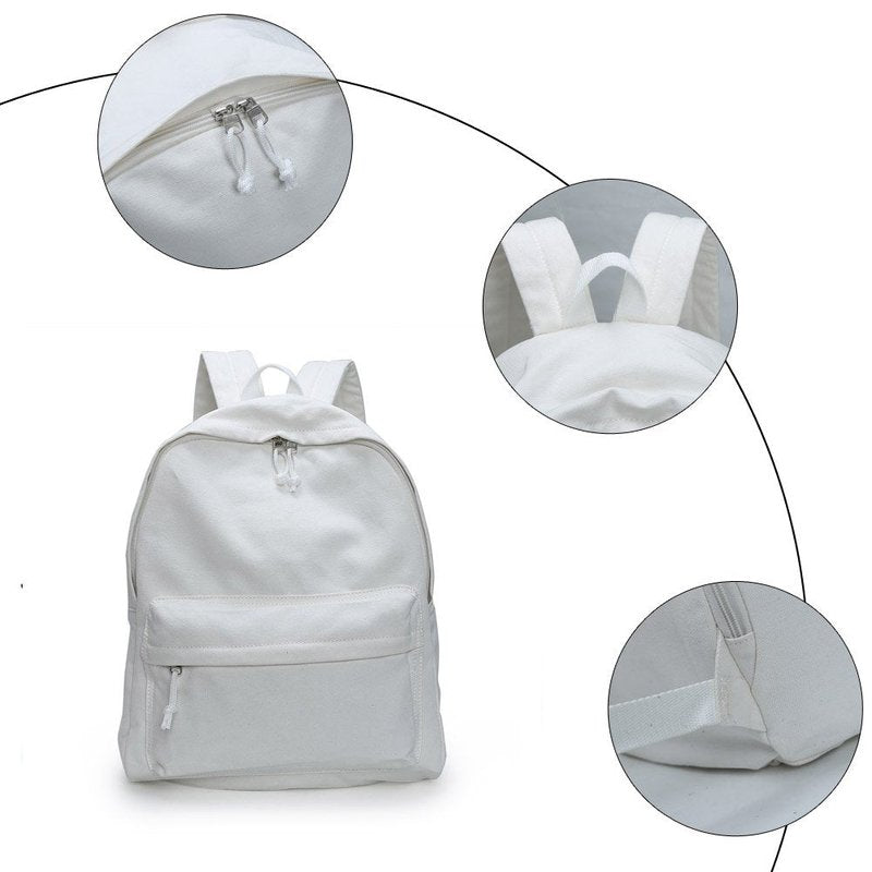 Zicac DIY Canvas Backpack, Classic Basic Daypack, Lightweight Casual Travel Daypack Satchel Backpack Unisex (White)