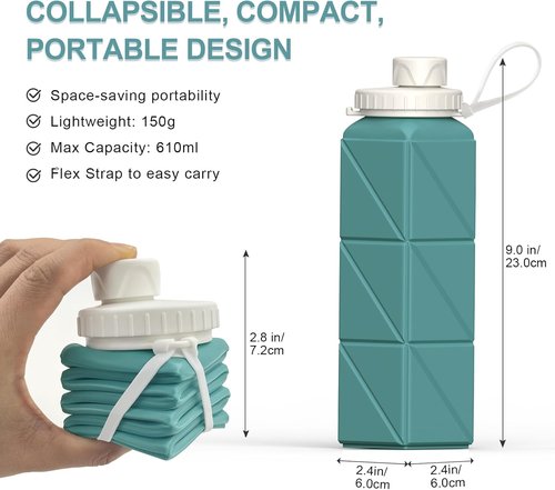 Beautail Collapsible Water Bottle - 20.6oz Silicone Travel Bottle | BPA-Free, Leakproof, Portable (Blue)