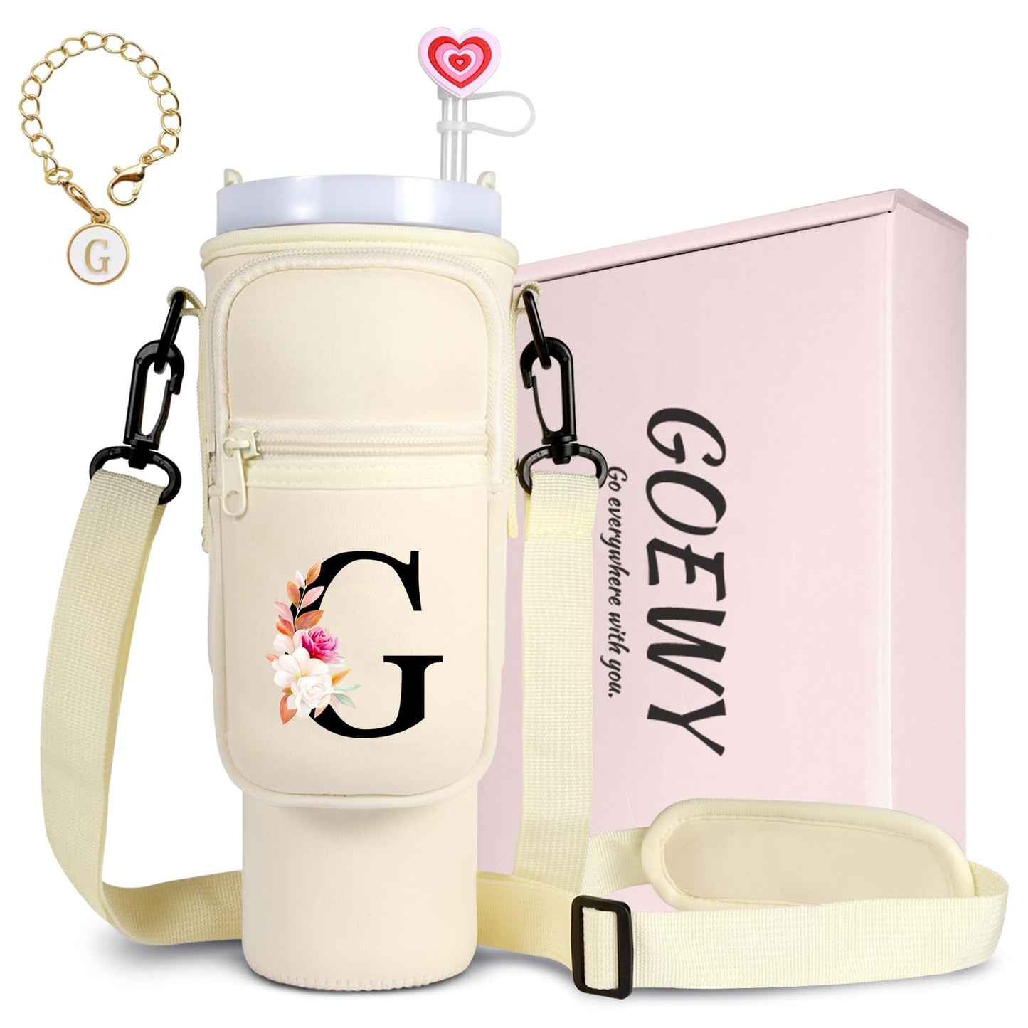 GOEWY Water Bottle Carrier Bag for Stanley 40 oz Tumbler with Handle Neoprene Water Bottle Holder Pouch Stanley Cup Accessories Gift Set with 1 Straw Cover,1 Silicone Boot,1 Letter Charm V