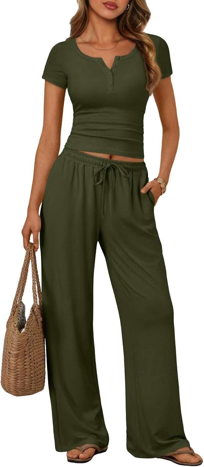 Trendy Queen Women's 2-Piece Lounge Set - Summer Henley Crop Top & Wide Leg Pants | Casual Comfort