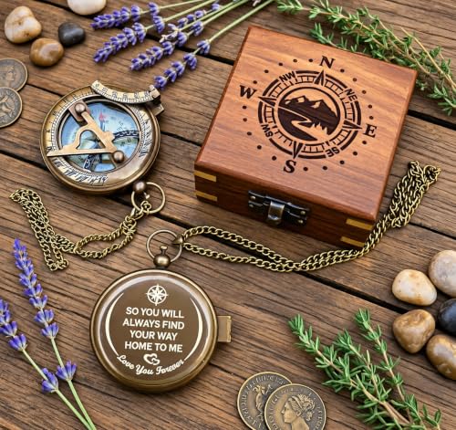 Brass Sundial Compass in Wooden Box with Engraved Message – Romantic Keepsake Gift