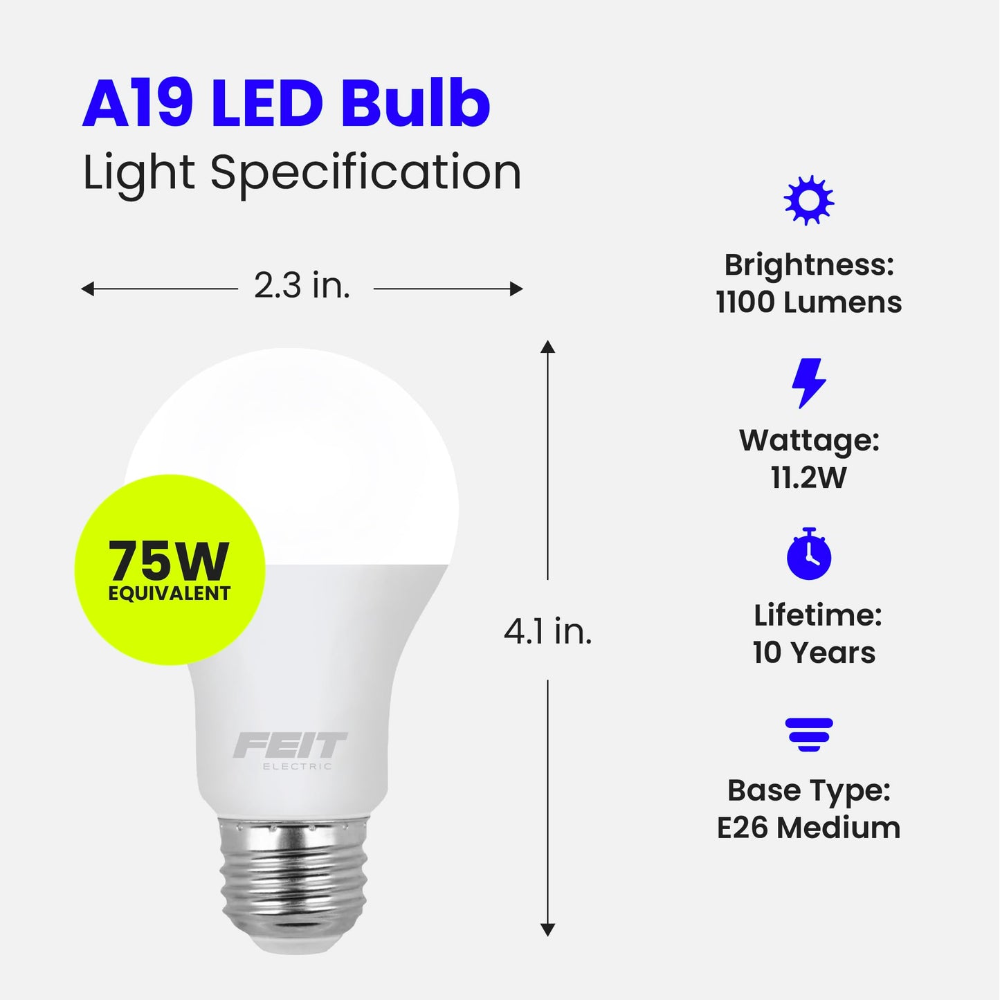 Feit Electric A19 LED Light Bulb, 75W Equivalent, 1100 Lumens, 3500K Neutral White, Non-Dimmable, E26 Base, Indoor/Outdoor, General Purpose LED Bulbs, 11,000-Hour Lifespan, A1100/835/10KLED/4, 4 Pack