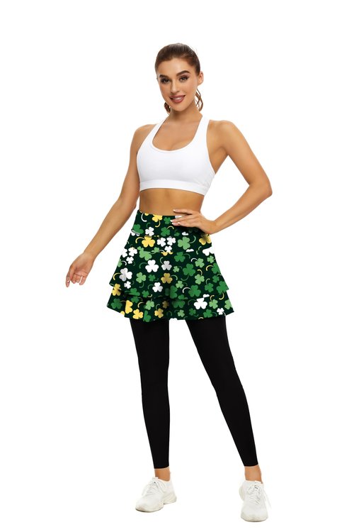 Tennis Skirted Leggings with Pockets for Women Golf Skapri Leggings with Skirt (M, 2-Layer St-Patricks Day)