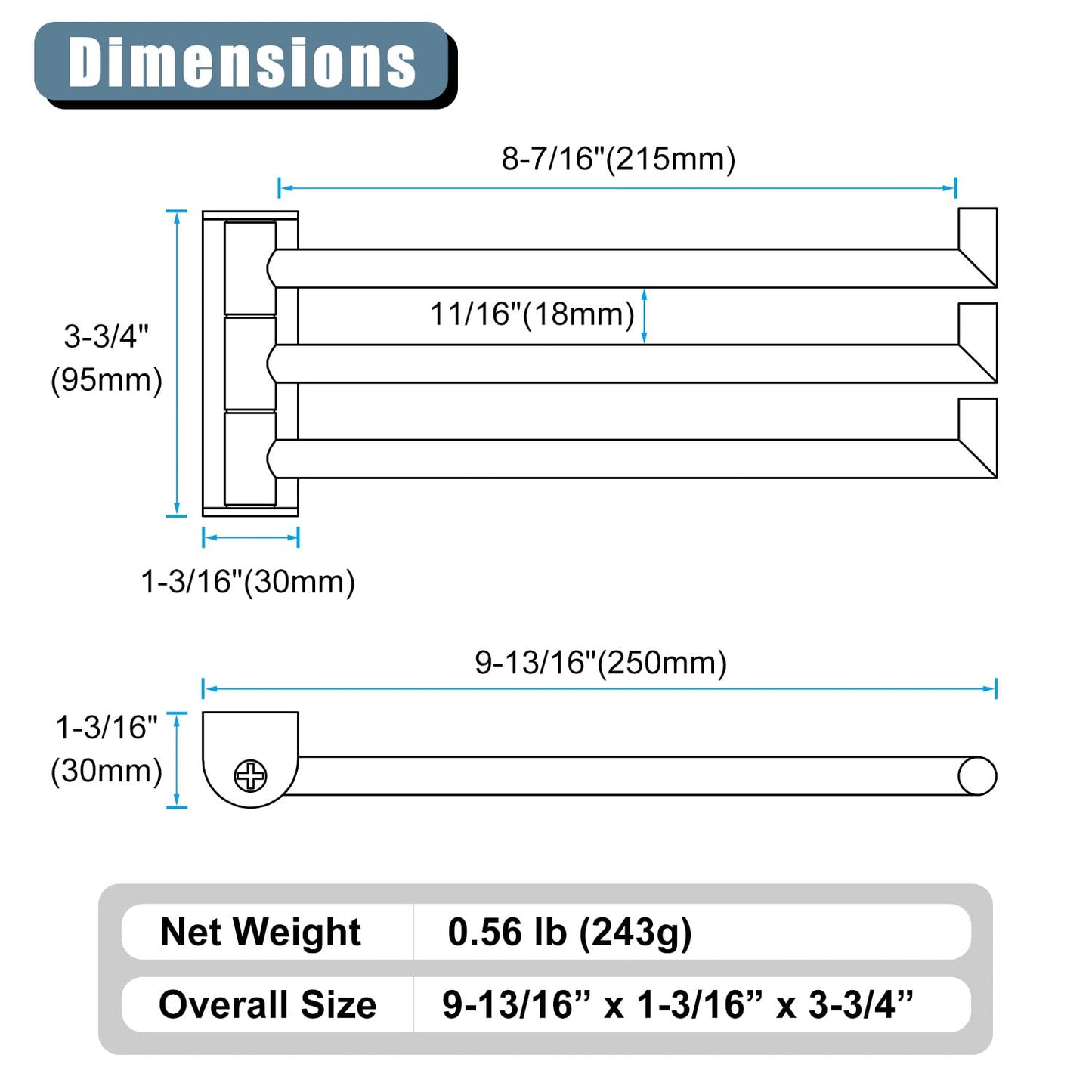 Angle Simple Swivel Hand Towel Holder 3 Bars Brushed Nickel, 304 Stainless Steel Hand Towel Rack for Bathroom Wall Mount