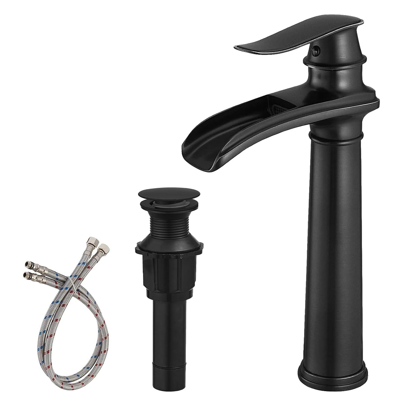BWE Vessel Sink Faucet Waterfall Matte Black Bathroom Faucets Single Hole Single Handle Bathroom Sink Faucet Tall Vessel Faucet with Pop Up Drain and Water Supply Line