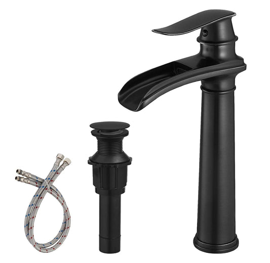 BWE Vessel Sink Faucet Waterfall Matte Black Bathroom Faucets Single Hole Single Handle Bathroom Sink Faucet Tall Vessel Faucet with Pop Up Drain and Water Supply Line