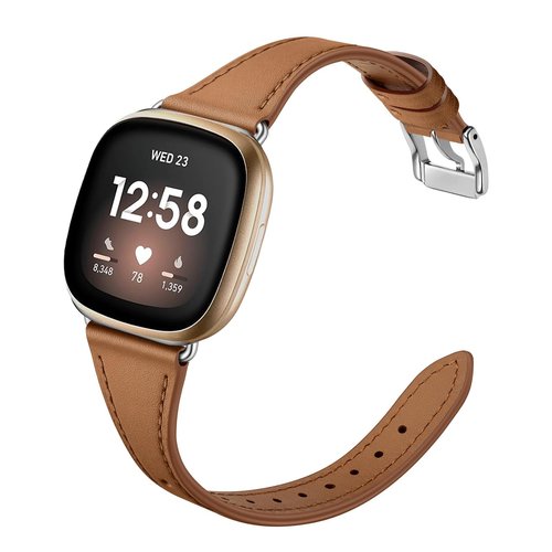 Slim Leather Bands Compatible With Fitbit Versa 4, Leather Replacement Strap For Versa 4 Bands For Women (Brown/Silver)