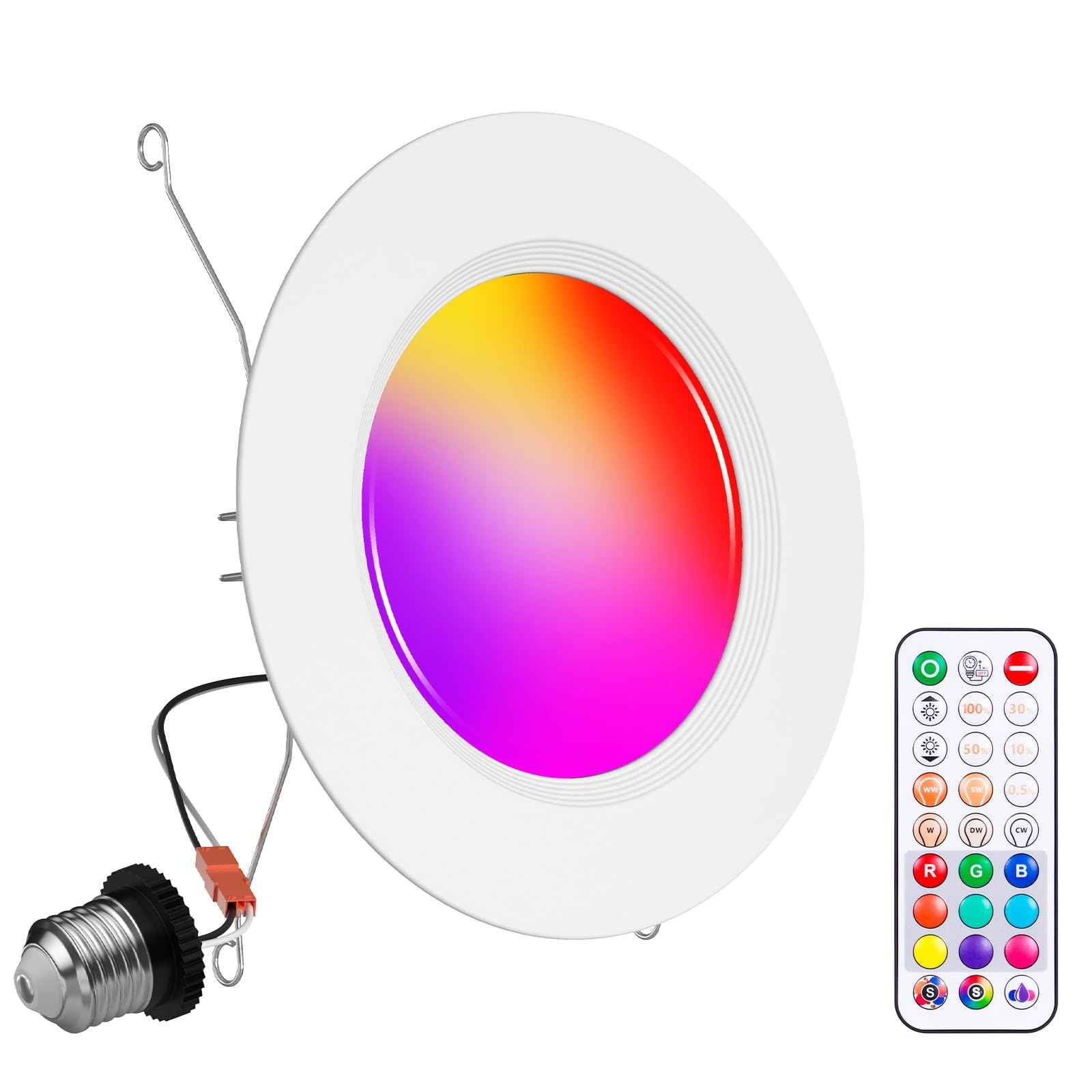 Recessed Lighting 5/6 Inch Color Changing LED Can Lights for Ceiling, 13W 1050LM Retrofit Recessed Lights with Baffle Trim, RGBCW Downlight Dimmable by Remote Control, Memory, Delayed Off, 1 Pack