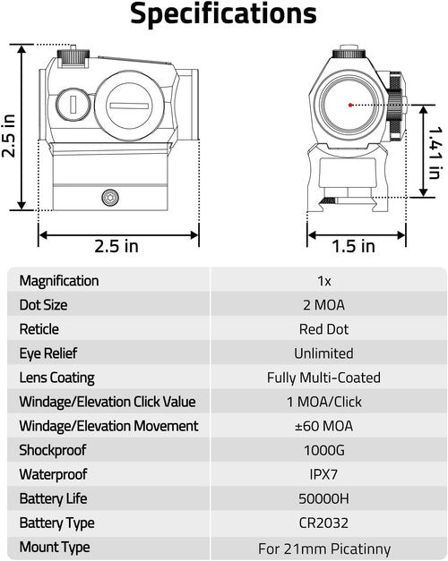 CVLIFE Red Dot Sight - 2 MOA Motion Awake Optics | IPX7 Waterproof, 50,000H Battery Life, 1x20mm