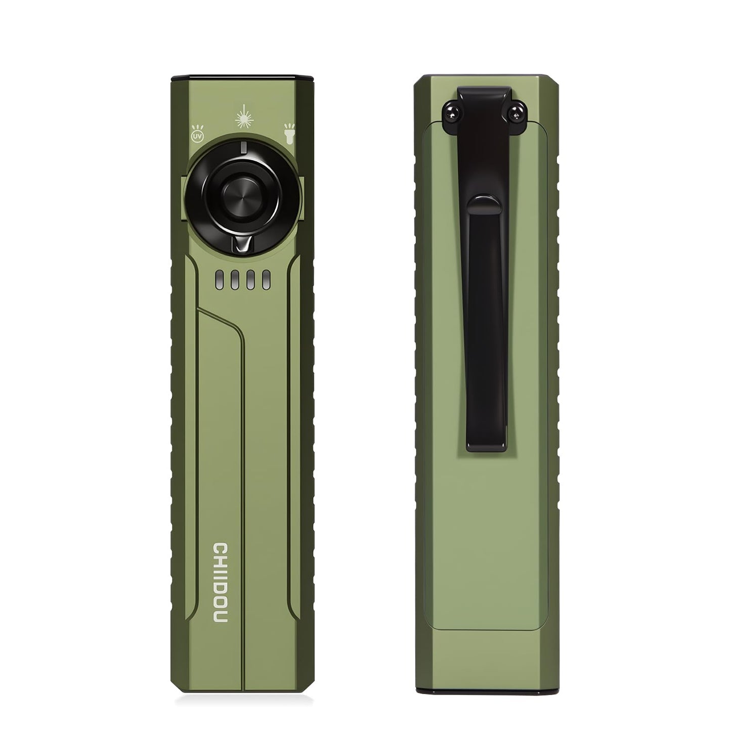 Chiidou Rechargeable EDC Flashlight with White LED, UV and Green Beam Combo, 1500 Lumens Portable Flat Pocket Lights with Magnetic Tail, Clip, Flash Light for Outdoor Camping Essentials (OD Green)