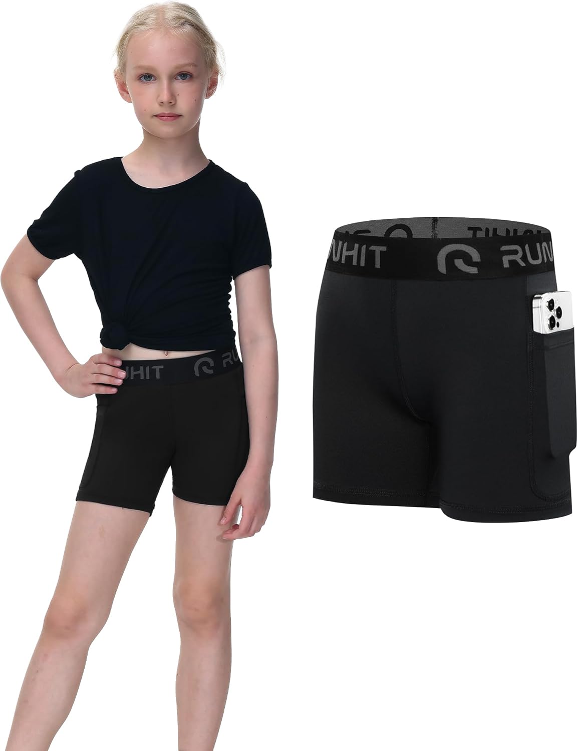 Runhit 4" Youth Girls Volleyball Shorts - Compression Spandex Biker Shorts with Pockets for Dance & Gymnastics