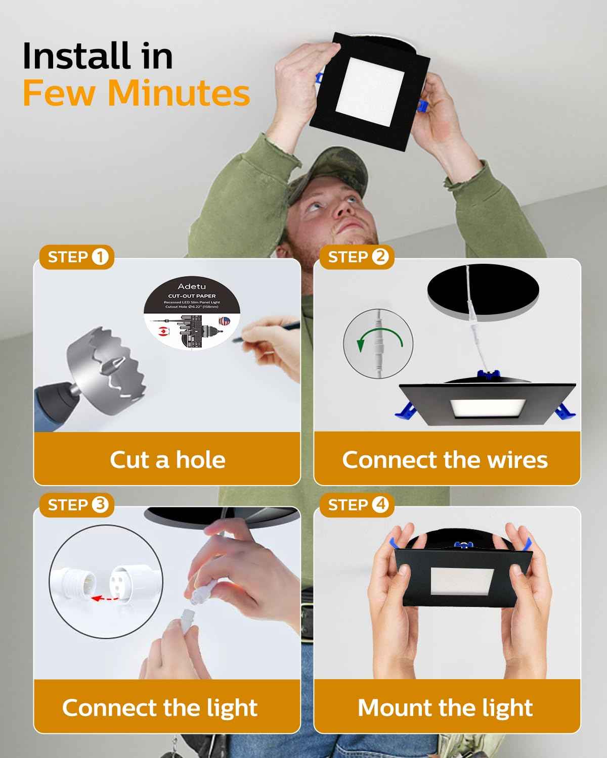 Adetu 6 inch Square Led Recessed Lighting Black,5CCT Ultra Thin Square Led Ceiling Light with Junction Box,14W 1190lm,2700K/3000K/3500K/4000K/5000K Dimmable Downlight,ETL and Energy Star Certified