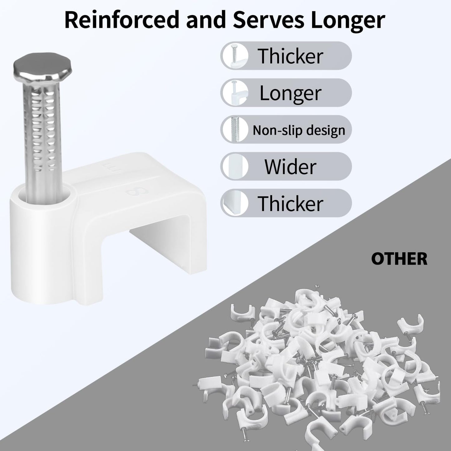 LeMotech 200pcs Cable Clips 5/7/8/10mm Flat Cable Nail Clips Cable Tacks Coaxial Nail Clamps for Cable Cord Management RG6 RG59 CAT5 CAT6 RJ45 Electrical Ethernet Coaxial Clamps, White