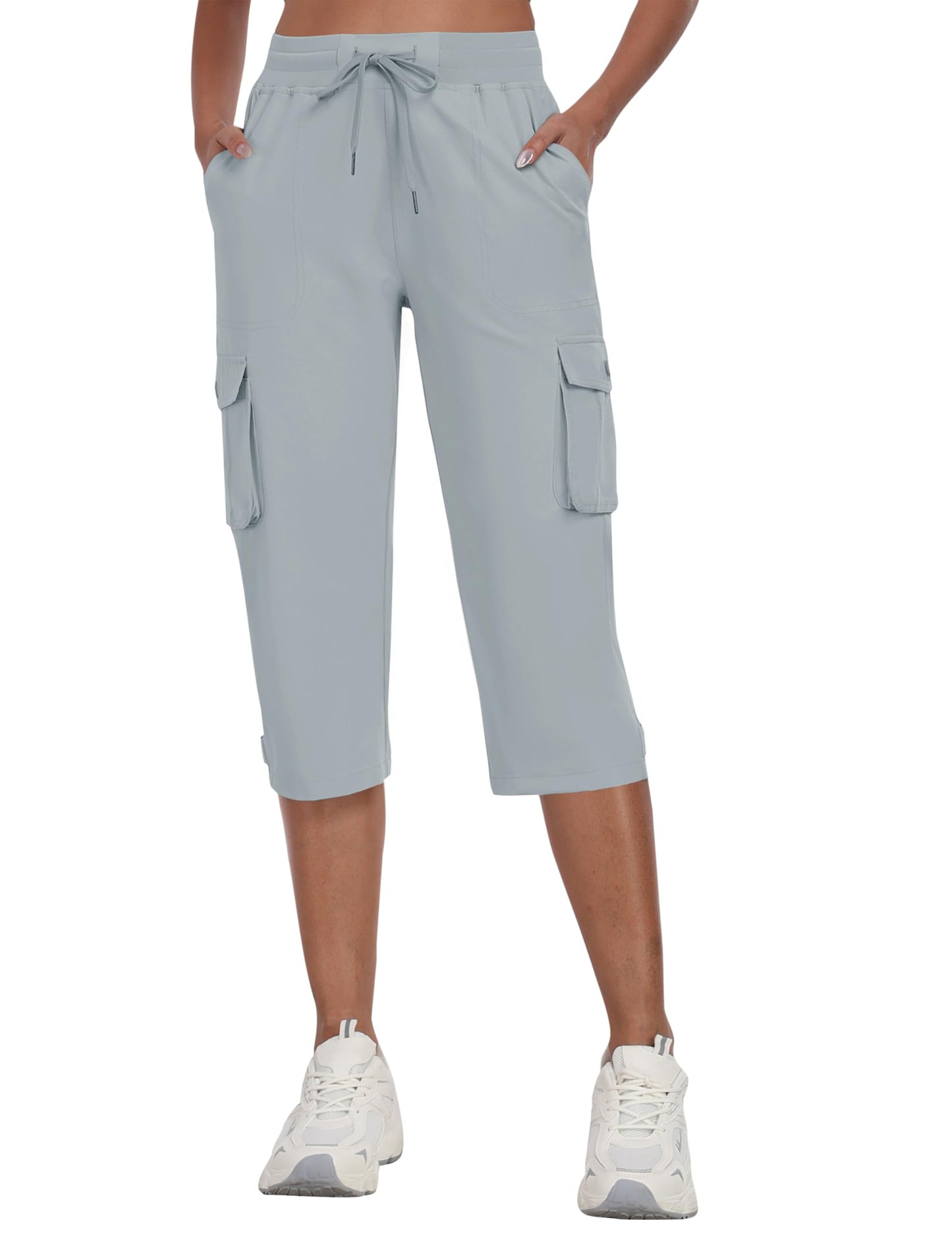 MoFiz Cargo Capris for Women Lightweight Hiking Pants Stretch Elastic Waist Capri with Pockets for Summer Travel Gray XL