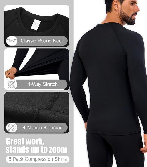 CYPER SUN Men‘s Thermal Compression Shirts 5 Pack Fleece Lined Base Layer for Cold Weather, Winter Workouts & Outdoor Activities Large